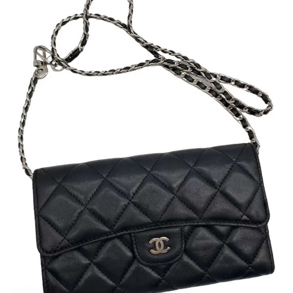 CHANEL Black Quilted Lambskin Wallet on Chain with Silver-Tone Hardware